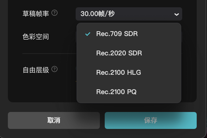 剪映中的色彩空间选项